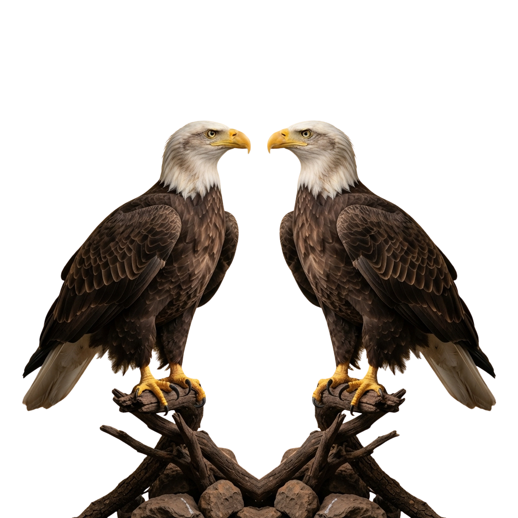 Two bald eagles standing face to face on wooden branches against a dark background