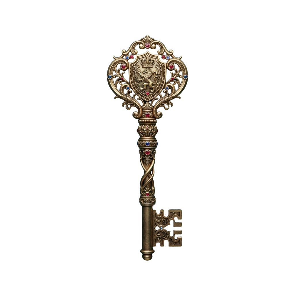 An intricately designed antique key featuring a heraldic crest, gemstones, and ornate metalwork on a dark background