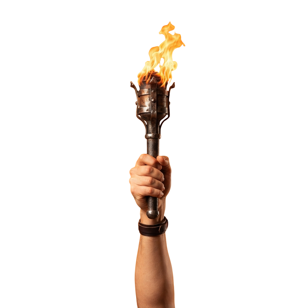 A hand holding a lit torch with bright orange flames against a black background