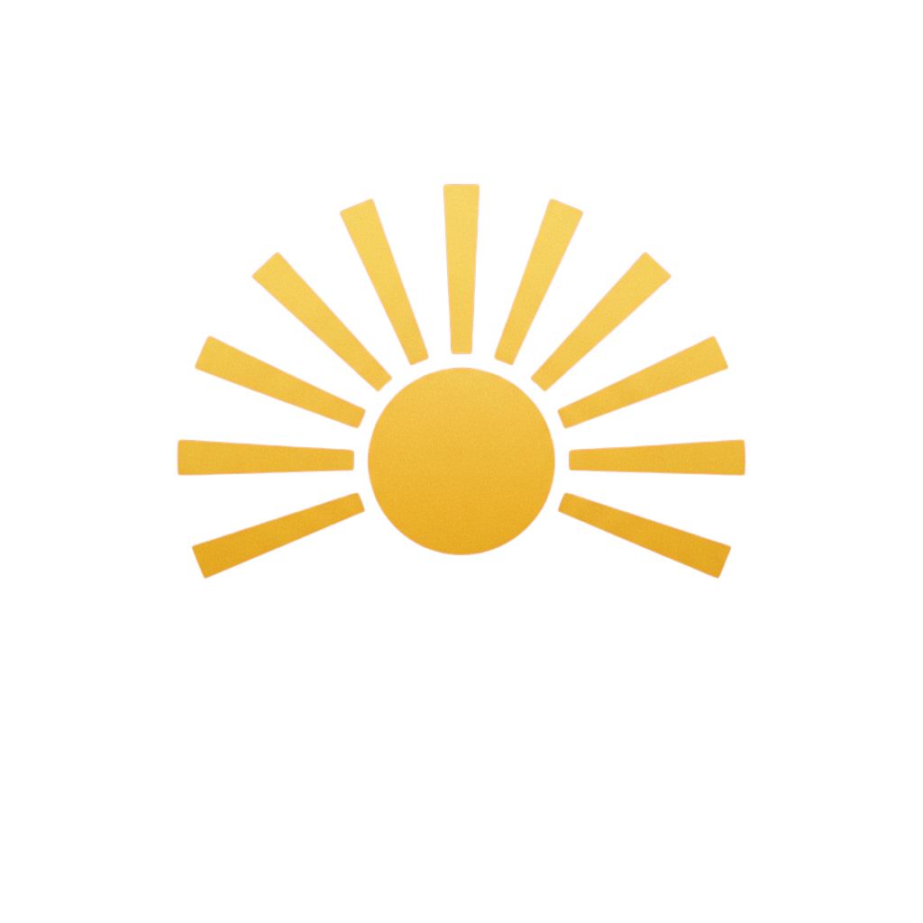 A bright yellow sun icon with radiating rays on a black background