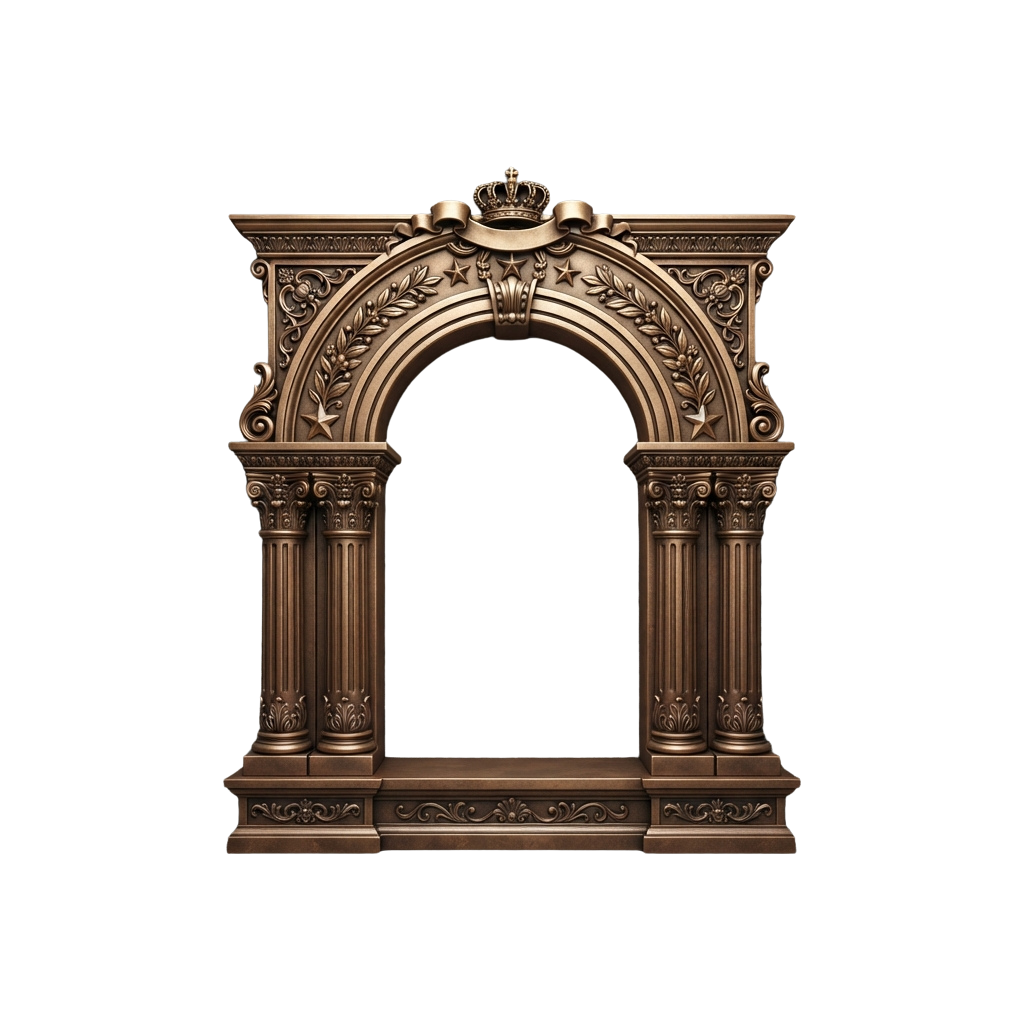 Intricate bronze-colored archway with detailed carvings and two columns, topped with a crown motif.