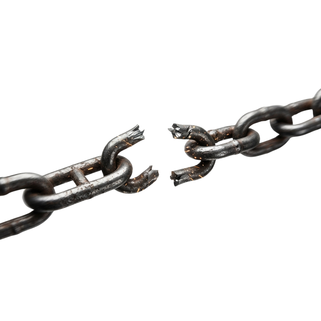 Close-up of a broken heavy chain link against a black background