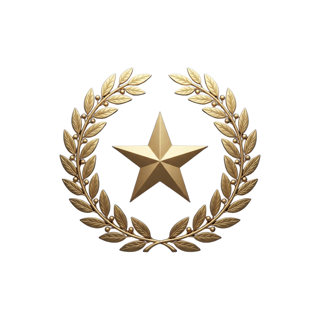A shiny gold star centered inside a circular laurel wreath on a dark background
