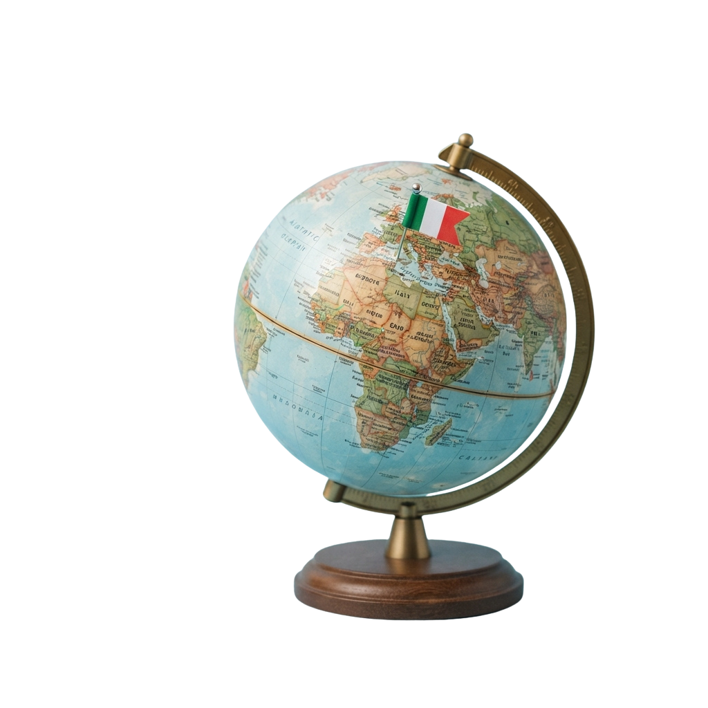 A globe with a small Italian flag pinpointing Italy on the map