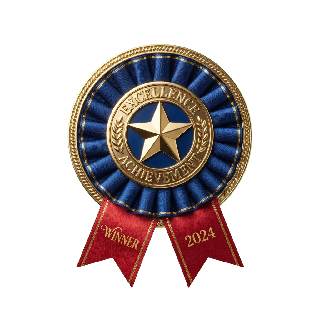 Gold star award ribbon with blue rosette and red WINNER 2024 bow