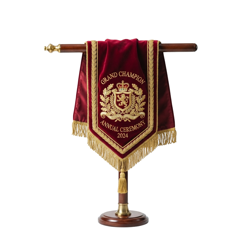 Award stand displaying a maroon banner with gold trim and emblem reading Grand Champion Annual Ceremony 2024