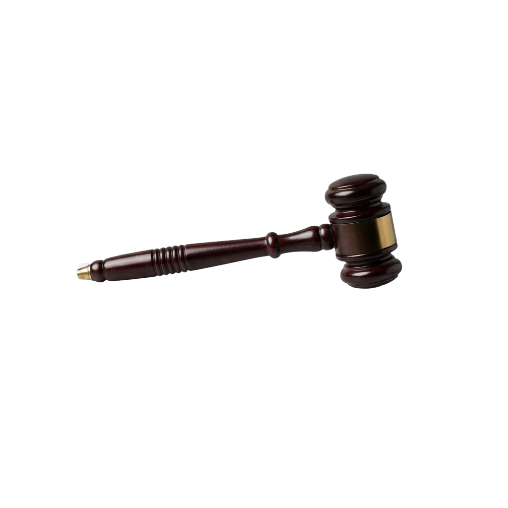 A polished wooden gavel with a brass head on a black background