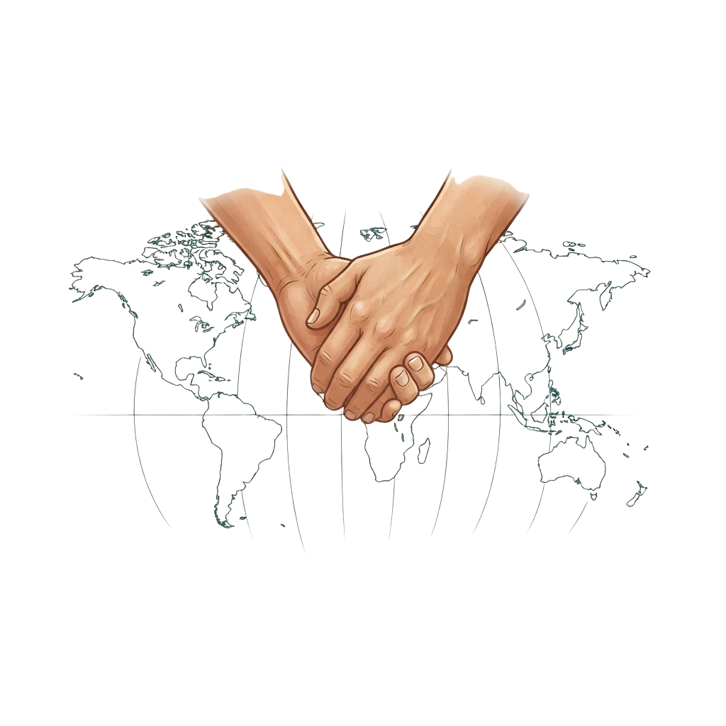 Two hands clasped together over a world map symbolizing international cooperation and unity