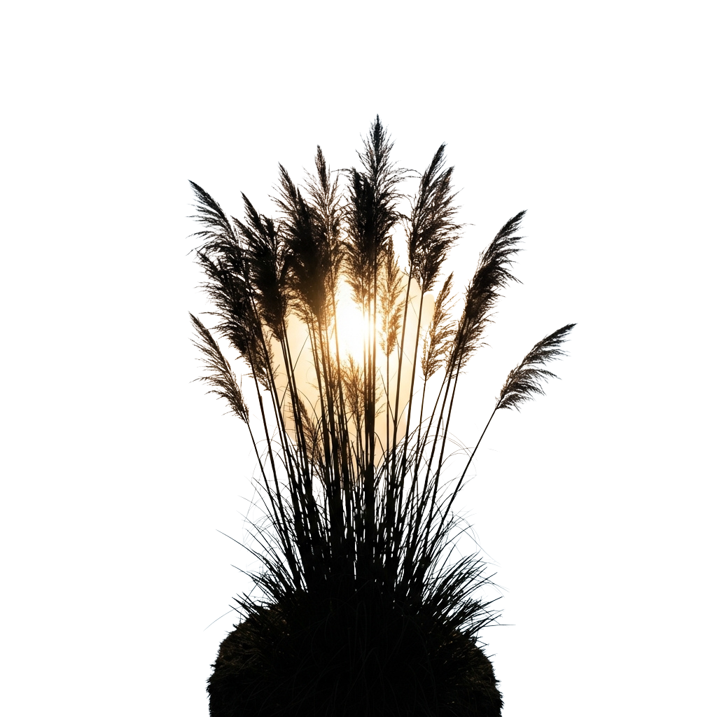 Frost-covered pampas grass illuminated from behind by sunlight against a dark background
