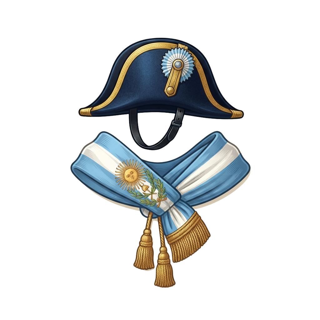 Dark blue bicorne hat with gold trim and national emblem of Argentina featuring sun and olive branches on a blue-white ribbon.
