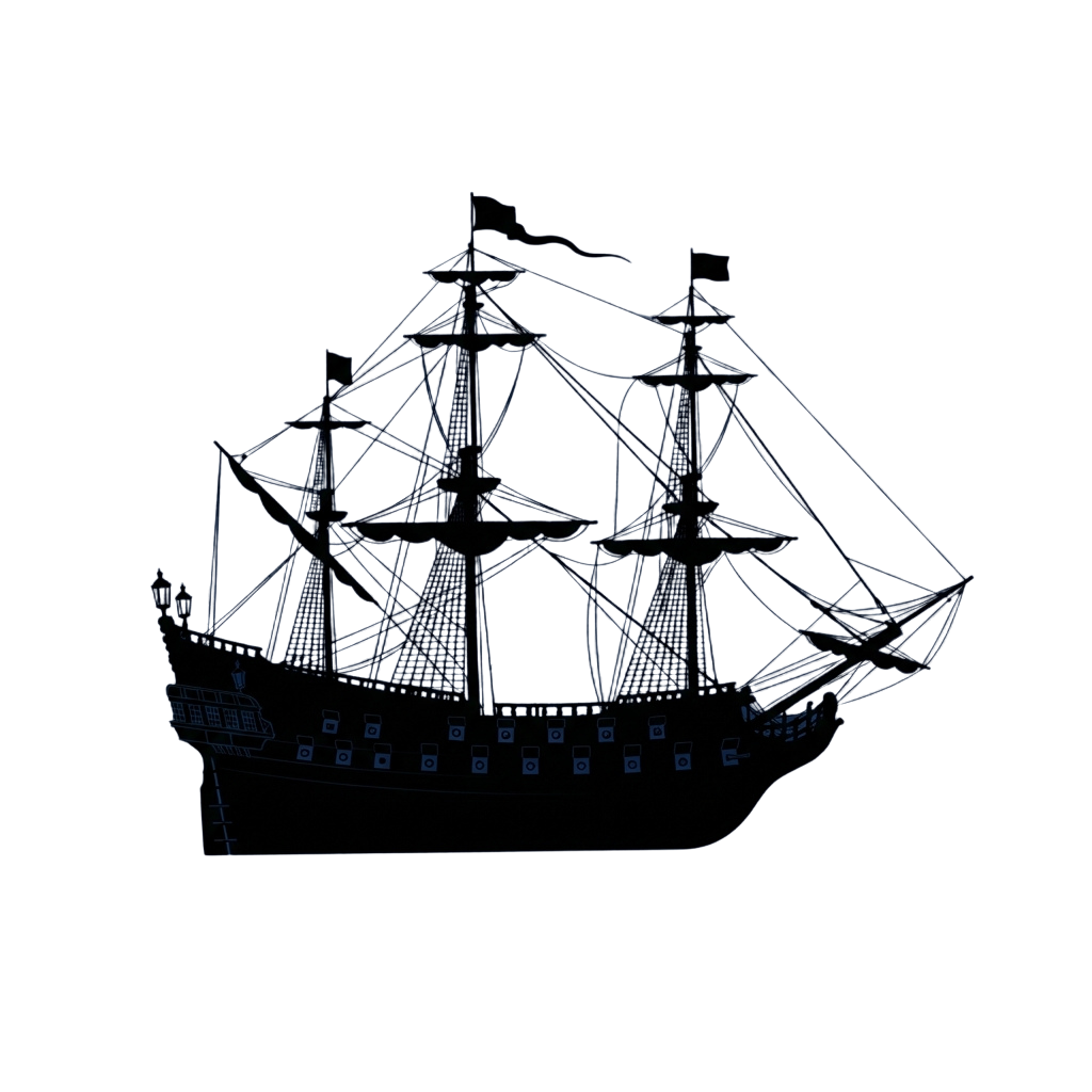 Blue line drawing of a detailed three-masted sailing ship with intricate rigging and cannons along the deck