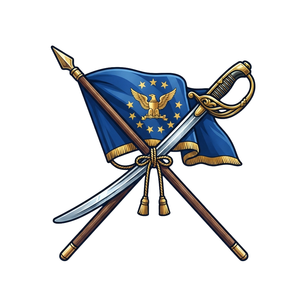 Illustration of a blue flag with an eagle emblem crossed by two swords and a sash tied with a bow.