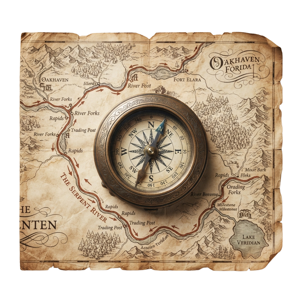 Old-style map featuring a compass centered on a parchment with river routes and landmarks like Oakhaven and trading posts