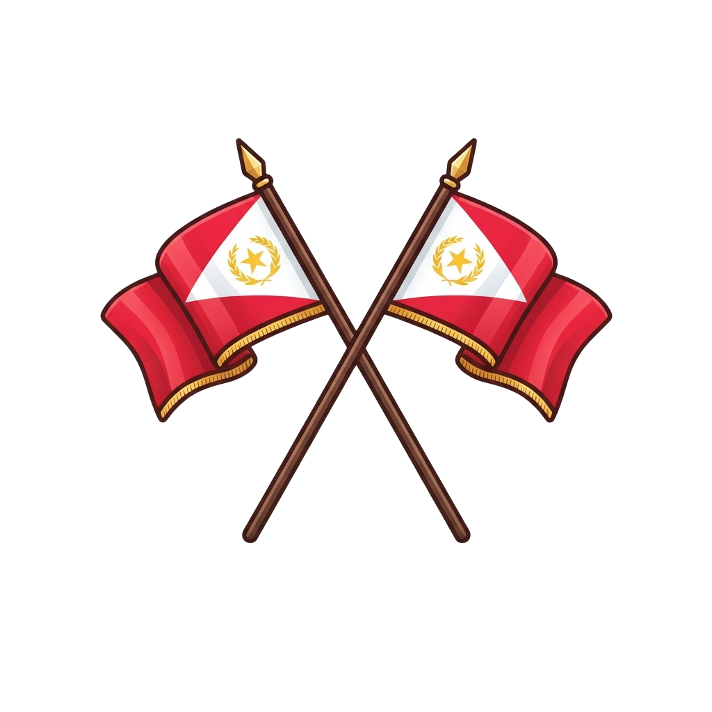 Two red and white flags crossed at an angle, each featuring a gold emblem, mounted on wooden poles against a black background