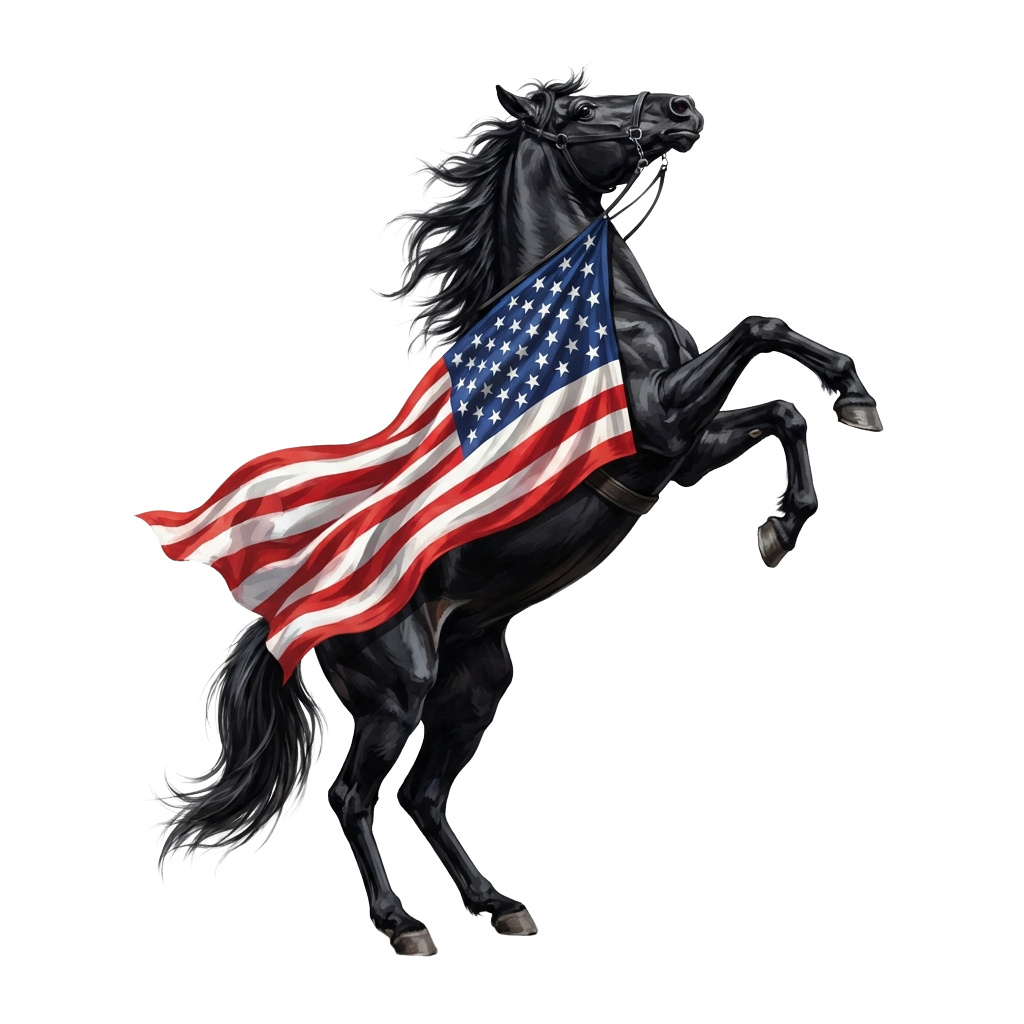 A black horse rearing up with an American flag draped over its body