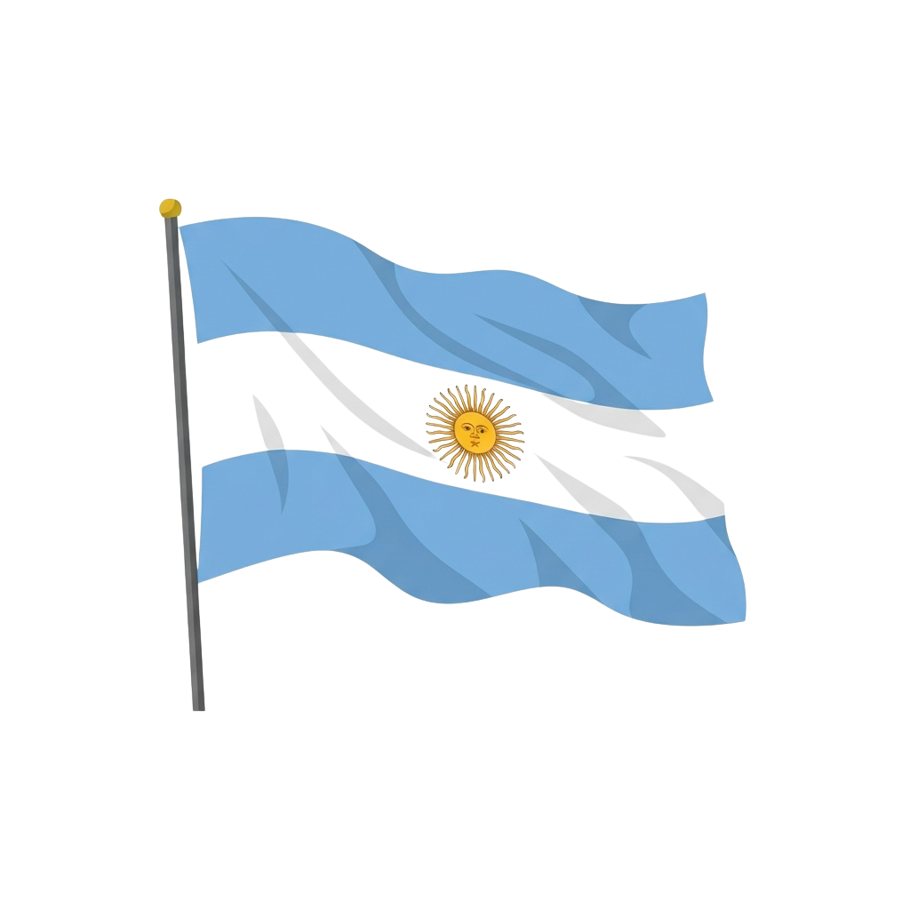 Argentinian flag waving with light blue and white stripes and a golden sun emblem in the center