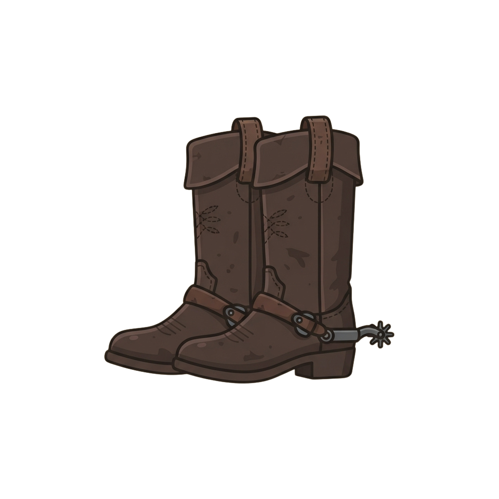 Pair of brown cowboy boots with decorative stitching and a spur attached to the right boot heel