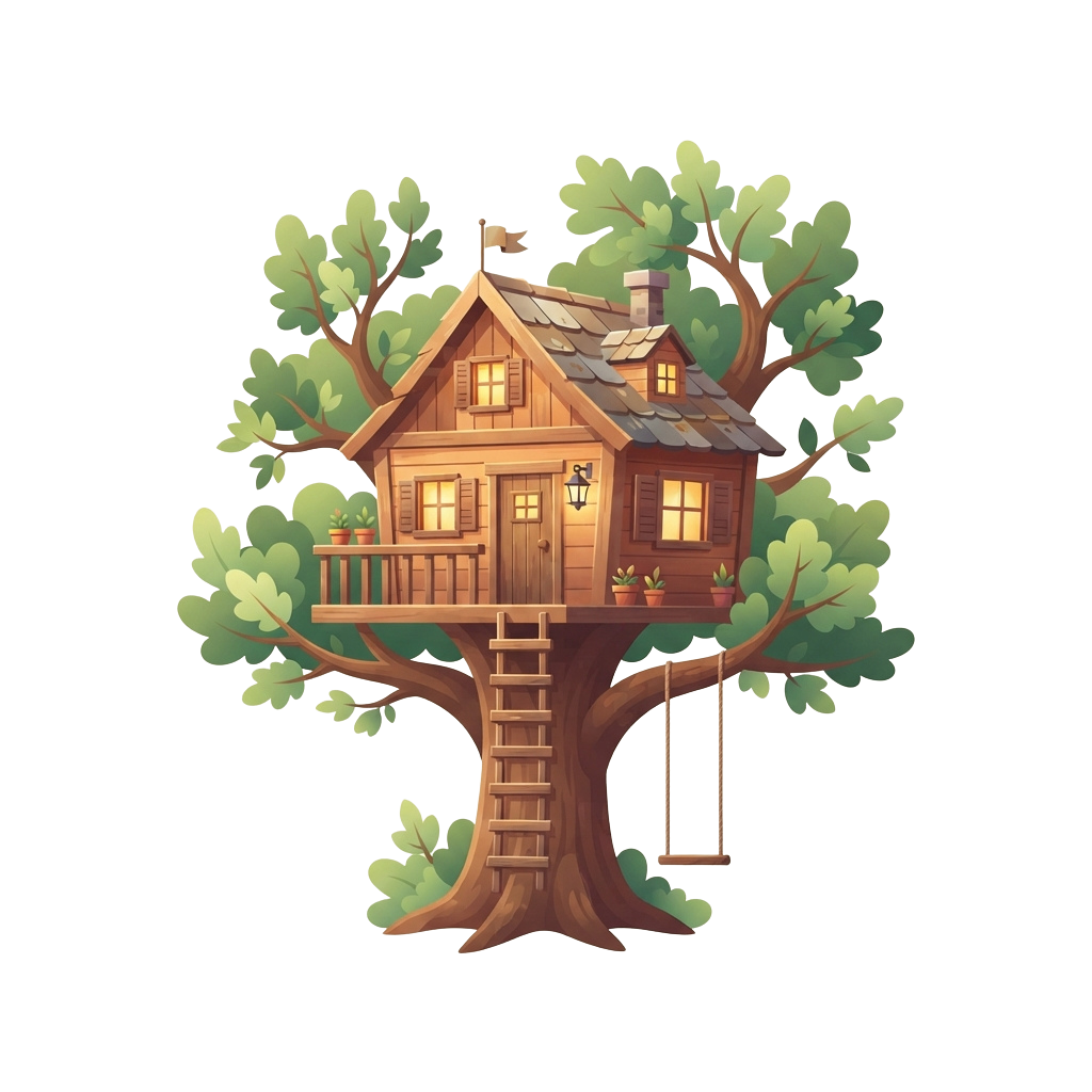 A charming treehouse built among green leaves and branches with a ladder and swing attached to the tree trunk