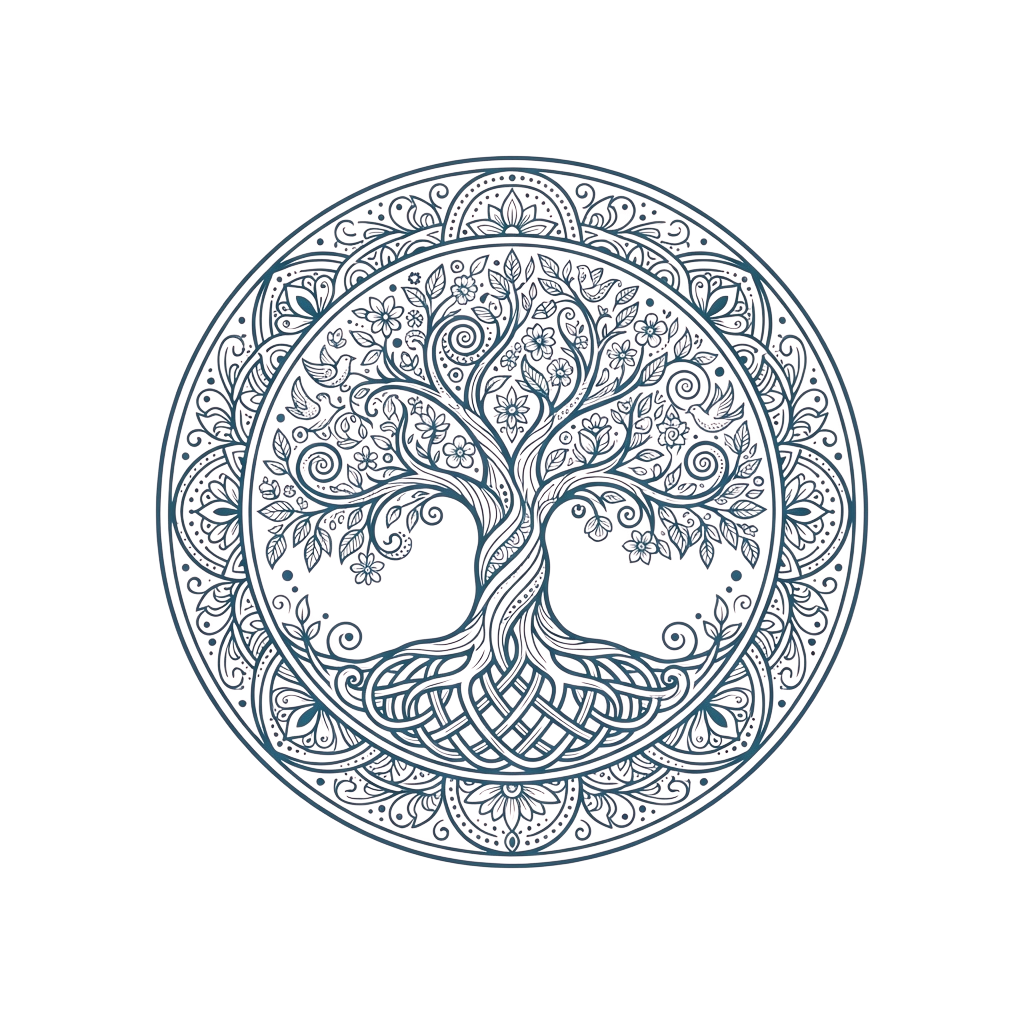 Decorative circular metalwork featuring an ornate Tree of Life design with detailed patterns and symmetry.