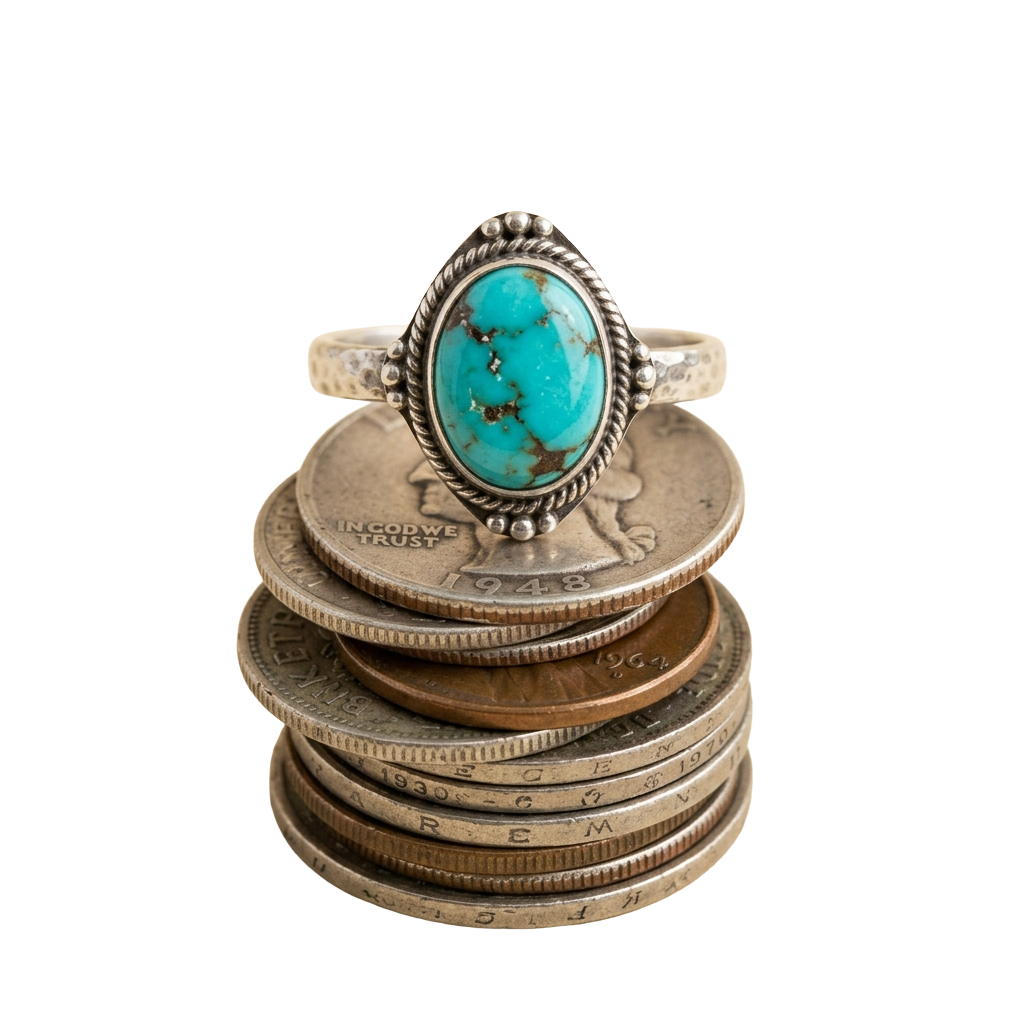 A silver ring with a turquoise stone placed on top of a stack of old coins.