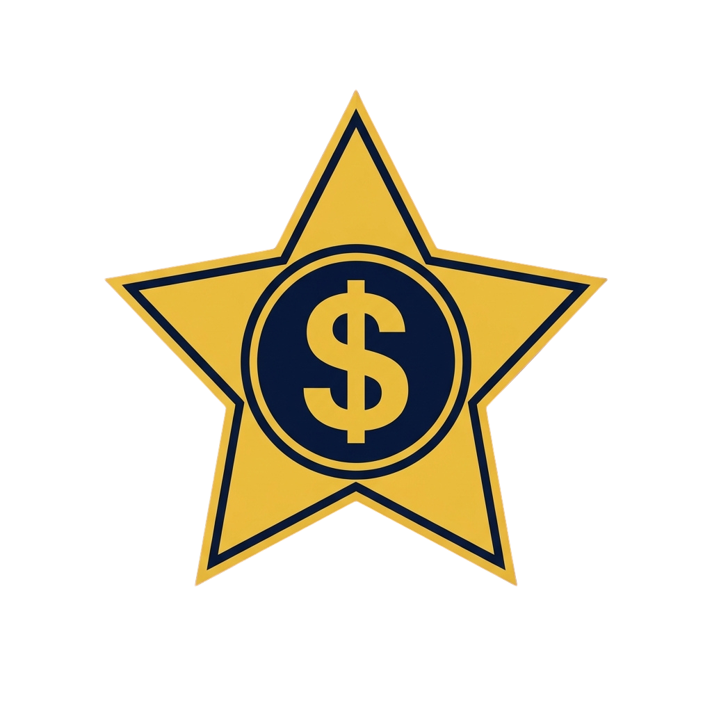 A gold star shape with a blue circle containing a white dollar sign symbol at its center