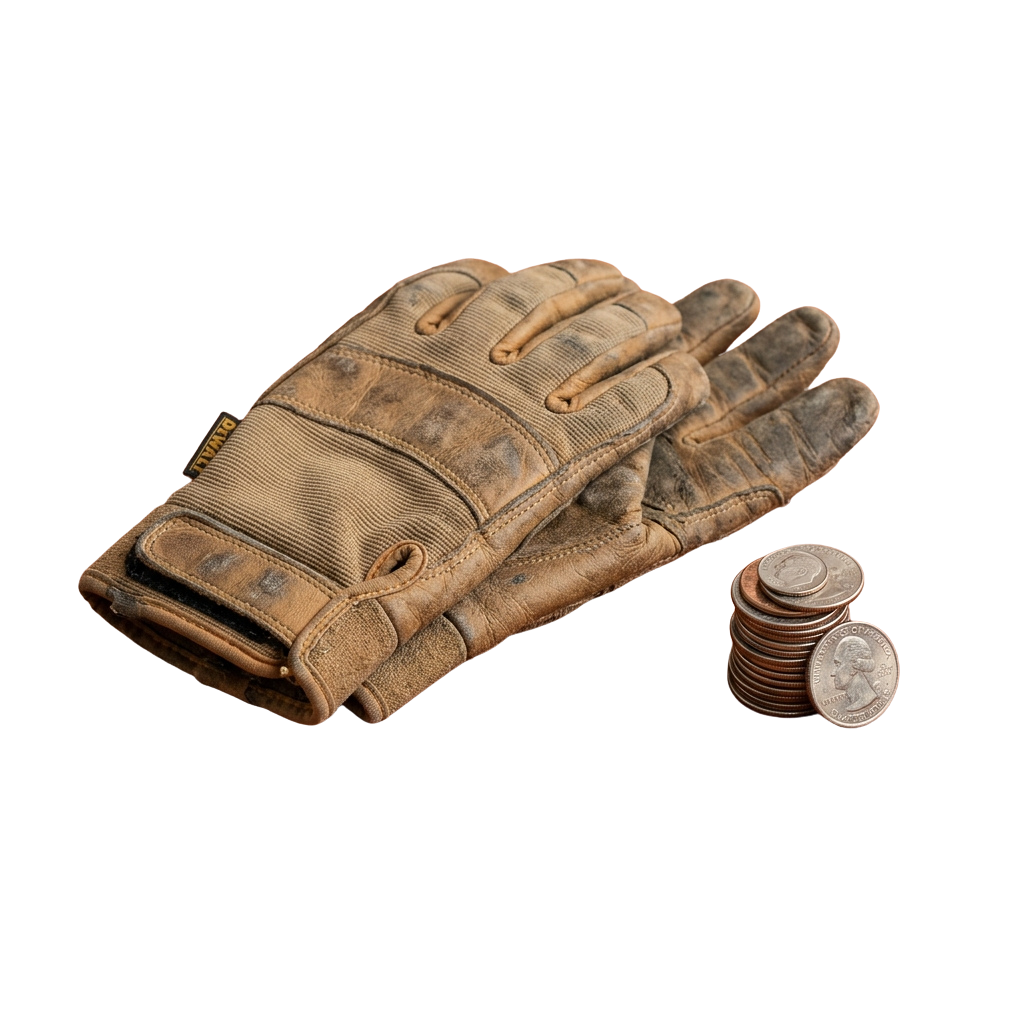 A pair of heavily worn, tan-colored work gloves next to a stack of coins for scale.