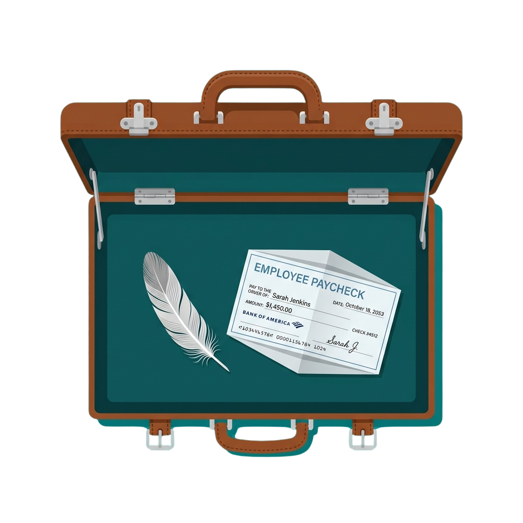 Illustration of an open briefcase containing a paycheck and a feather.