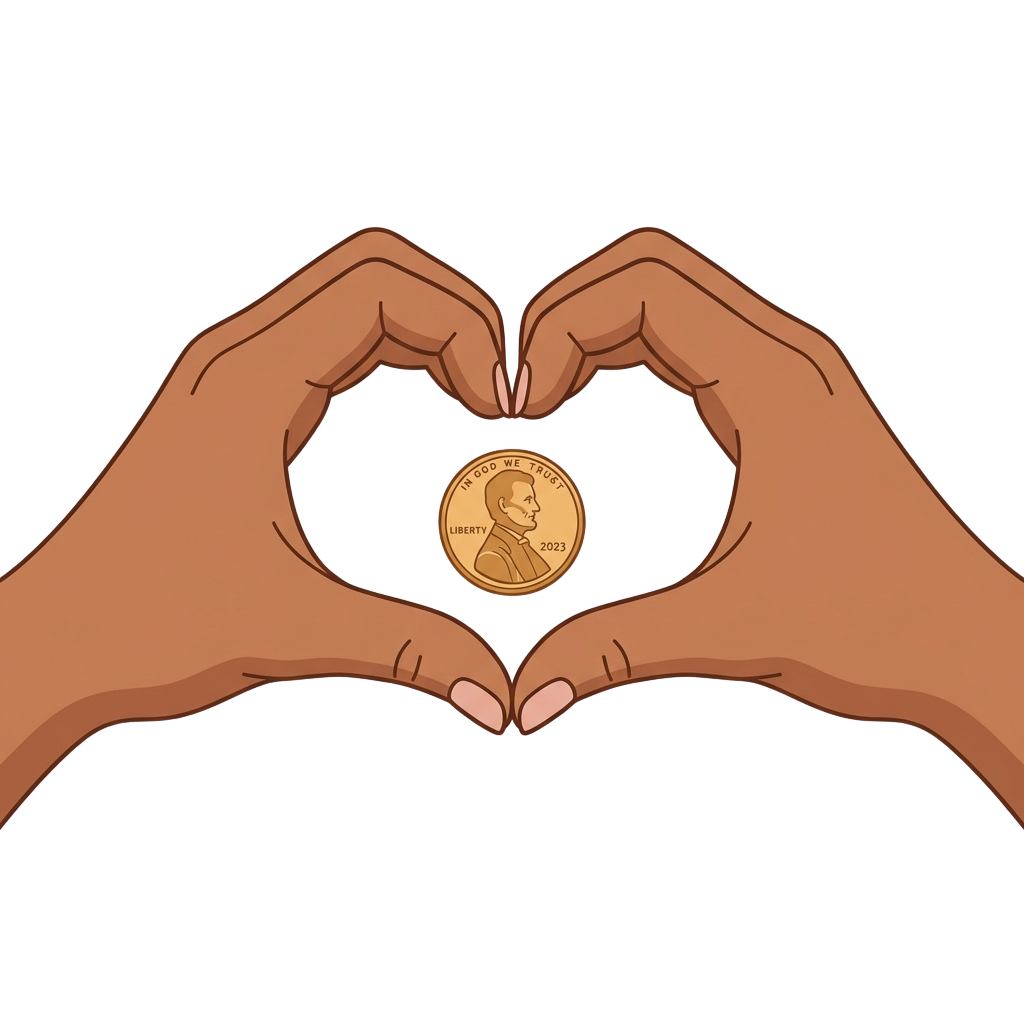 Two hands forming a heart shape with a penny placed in the center