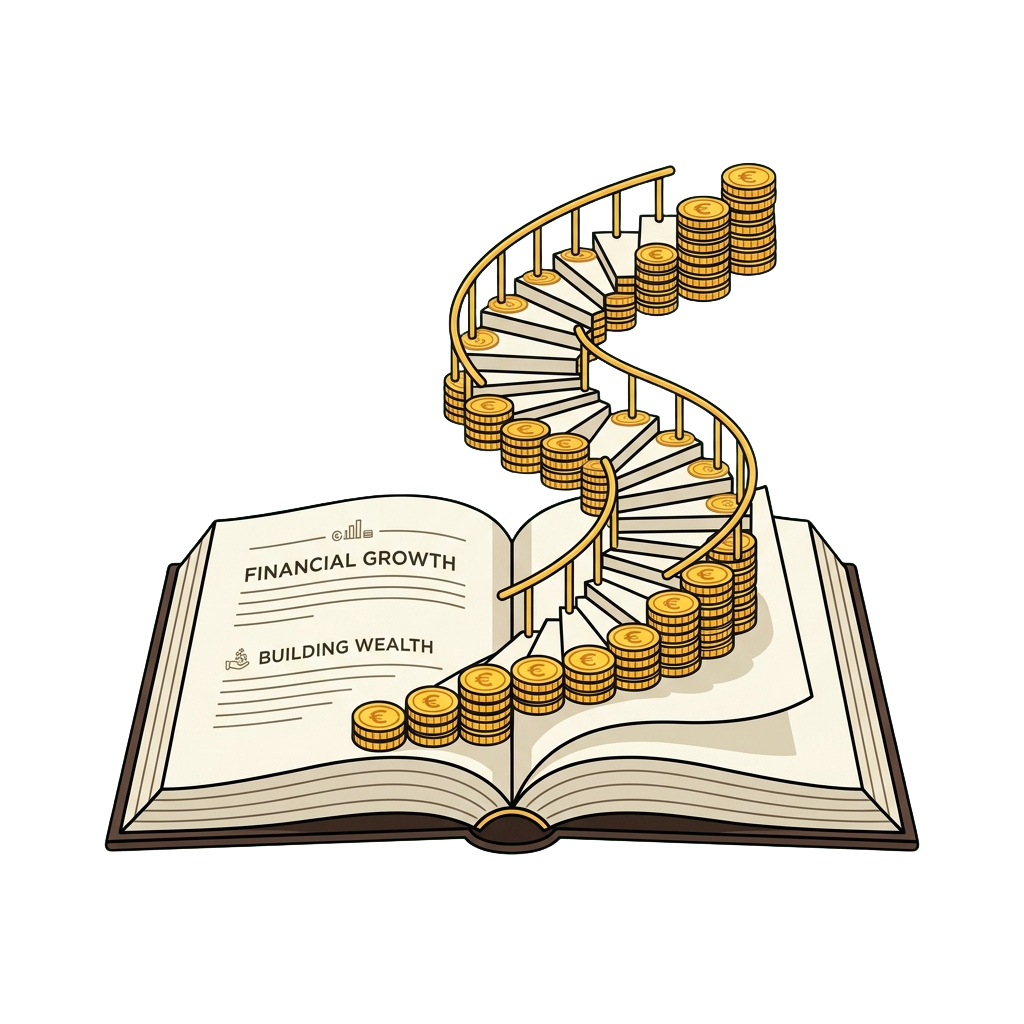 Open book with text financial growth and building wealth, spiral staircase with ascending stacks of gold coins