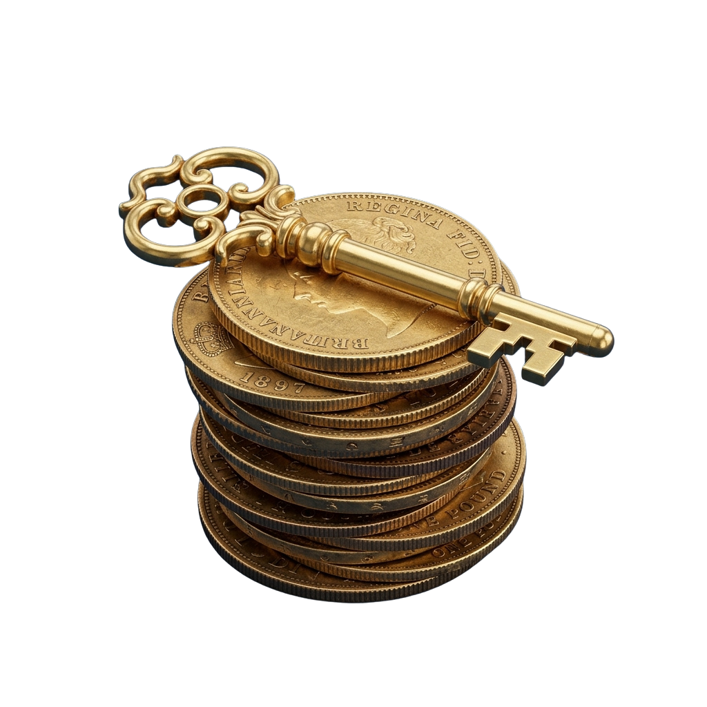 A decorative golden key resting on top of a stack of British coins against a black background