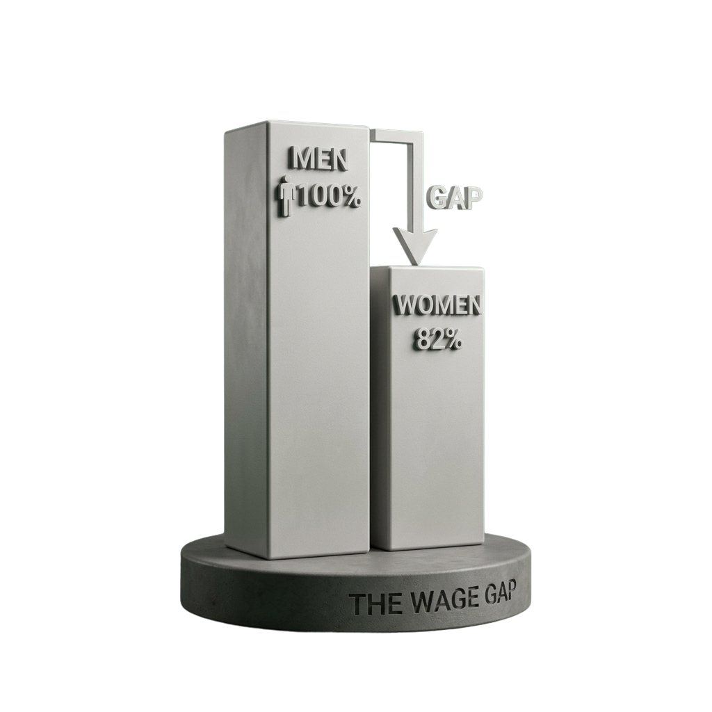 Sculpture showing a 100 percent bar for men and an 82 percent bar for women with a gap arrow labeled the wage gap