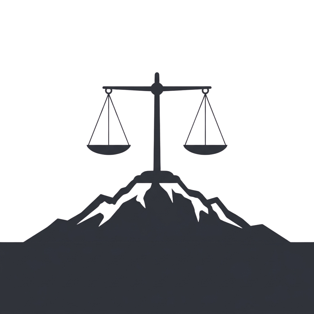 A pair of balanced scales centered atop a rocky mountain peak