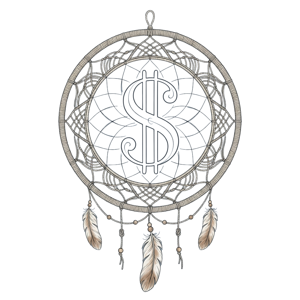 Intricate silver dreamcatcher with feathers hanging from the bottom against a black background