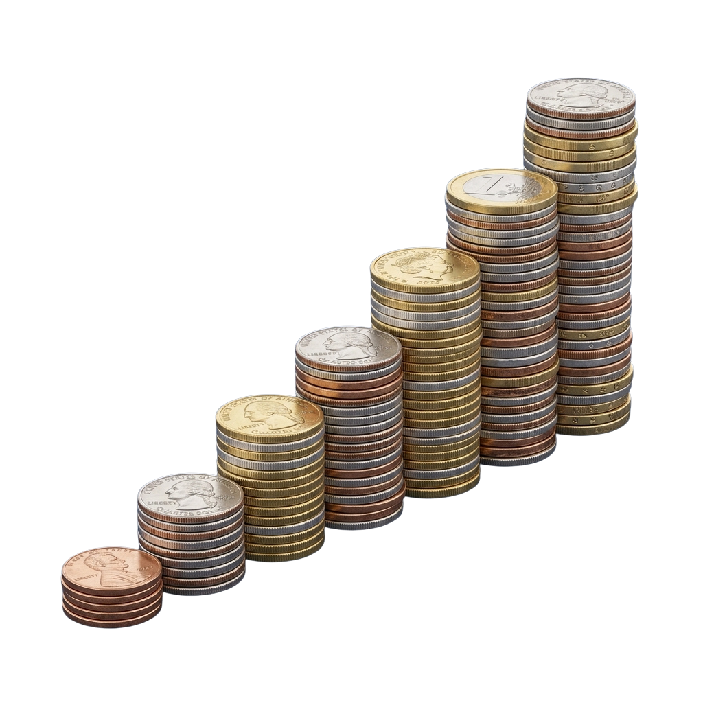 Five ascending stacks of coins representing financial growth and savings