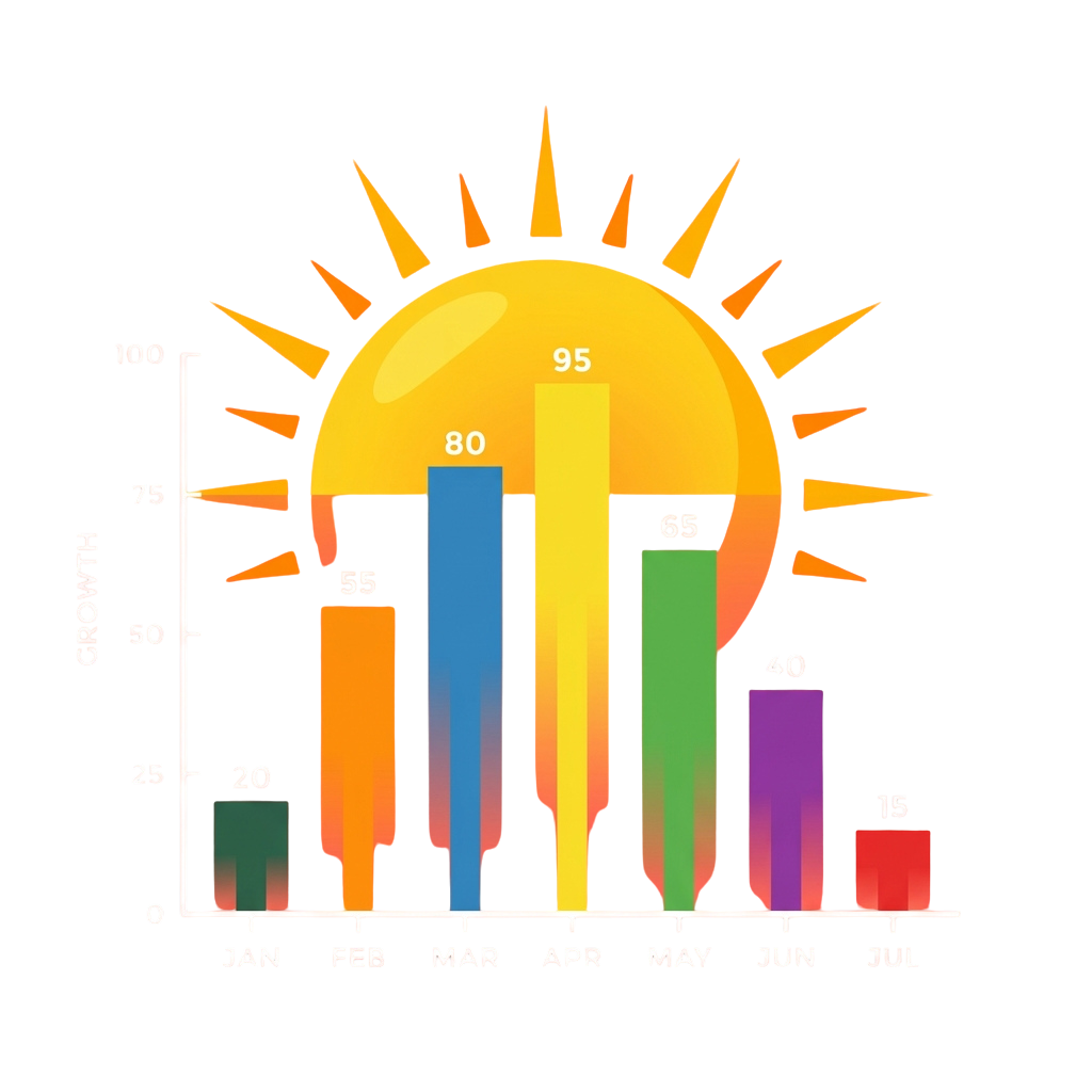 Bar chart displaying monthly growth percentages from January to July with sun imagery