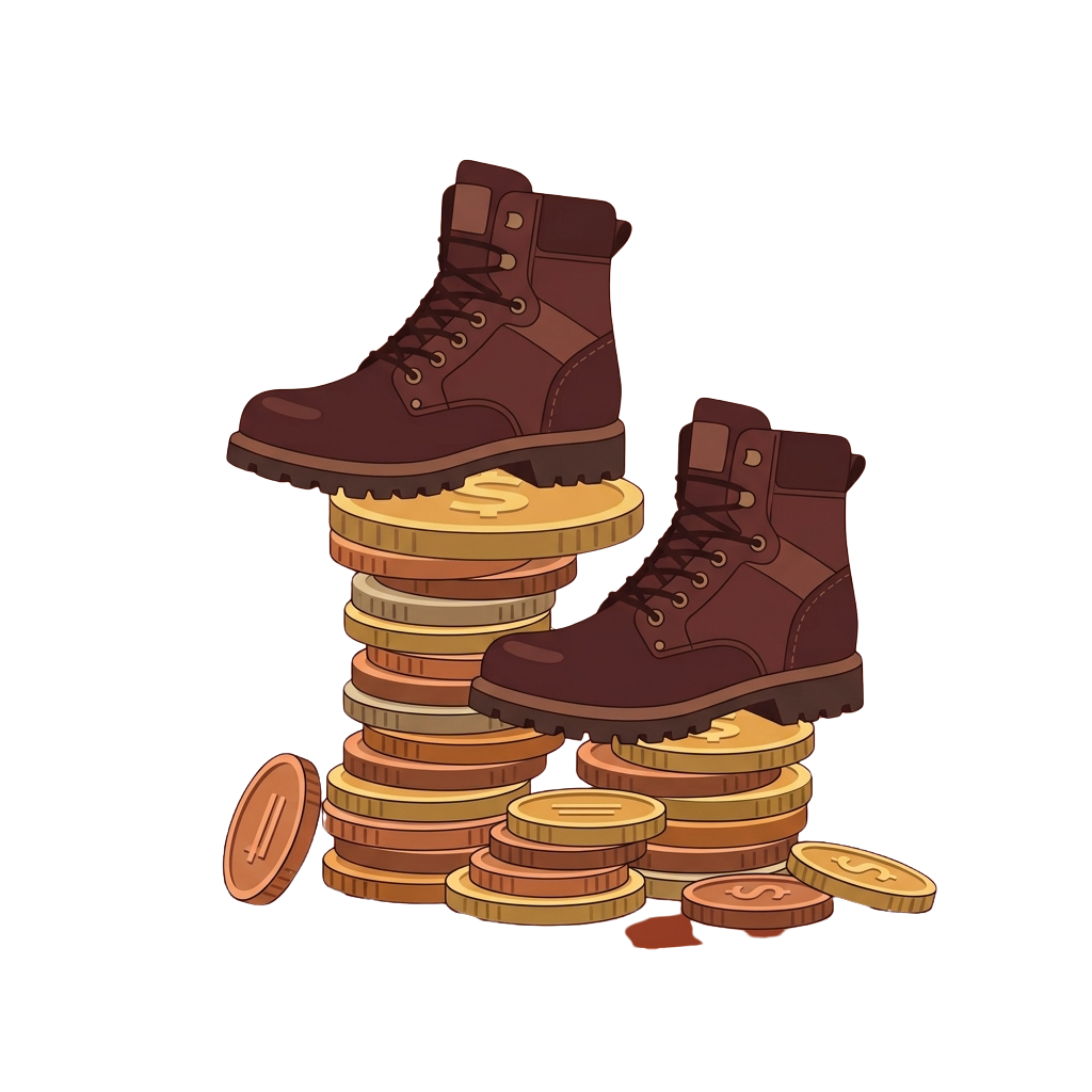 Two brown work boots placed on top of a stack of gold coins with loose coins scattered around