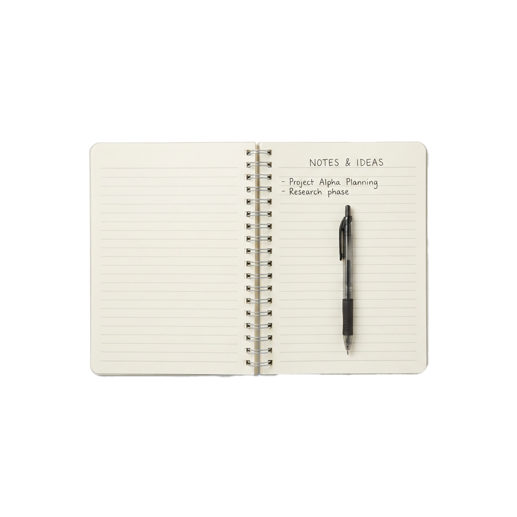 Open notebook with lined pages showing handwritten notes titled Notes and Ideas, including Project Alpha Planning and Research phase, with a pen resting on the right page.