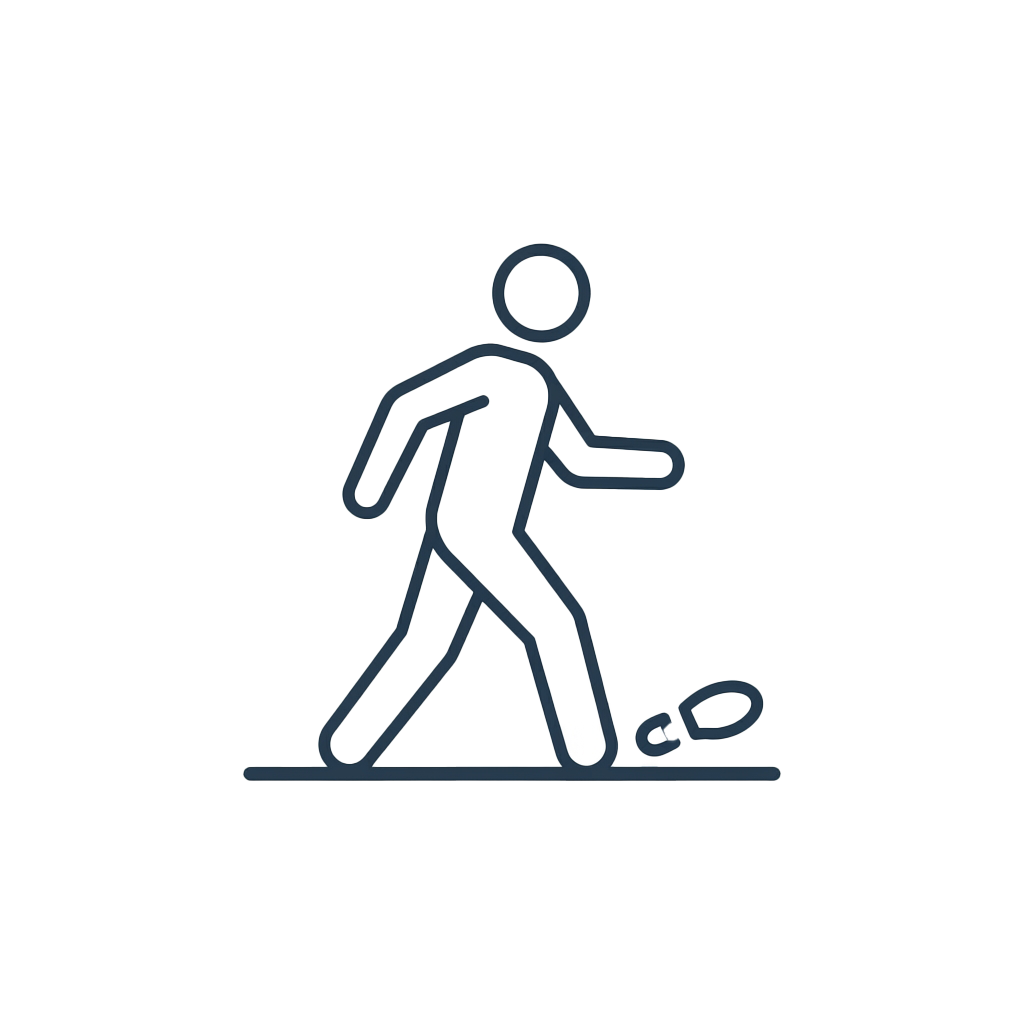A stick figure slipping on a wet floor with a small puddle and a shoe falling off.