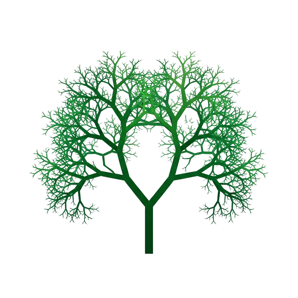 A green fractal tree structure on a black background with intricate branching patterns.