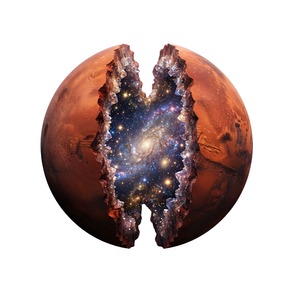 A creative depiction of Mars with a galaxy visible through a split in its surface