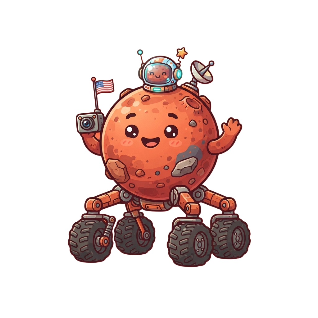 Animated Mars rover with astronaut on top waving and smiling against a black space background