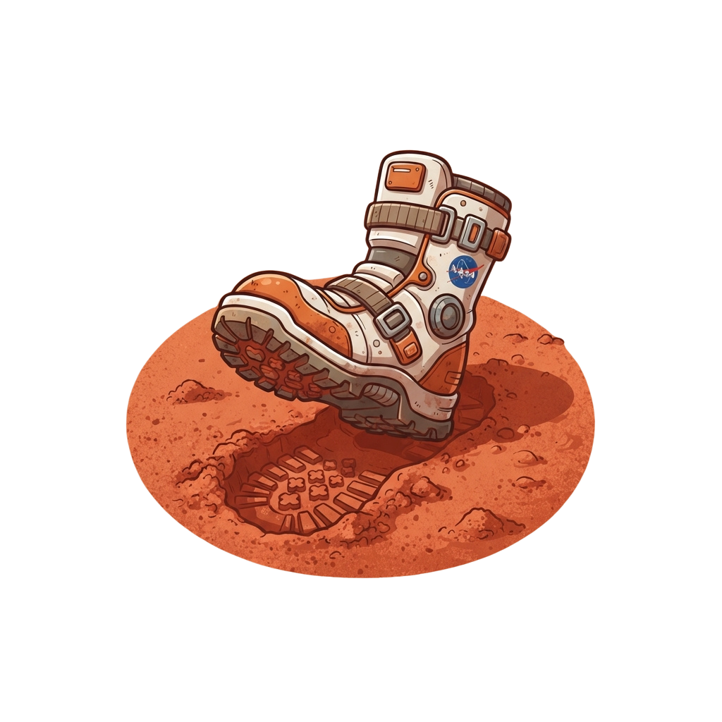 Illustration of an astronaut boot with NASA logo on reddish Martian soil, leaving a footprint.