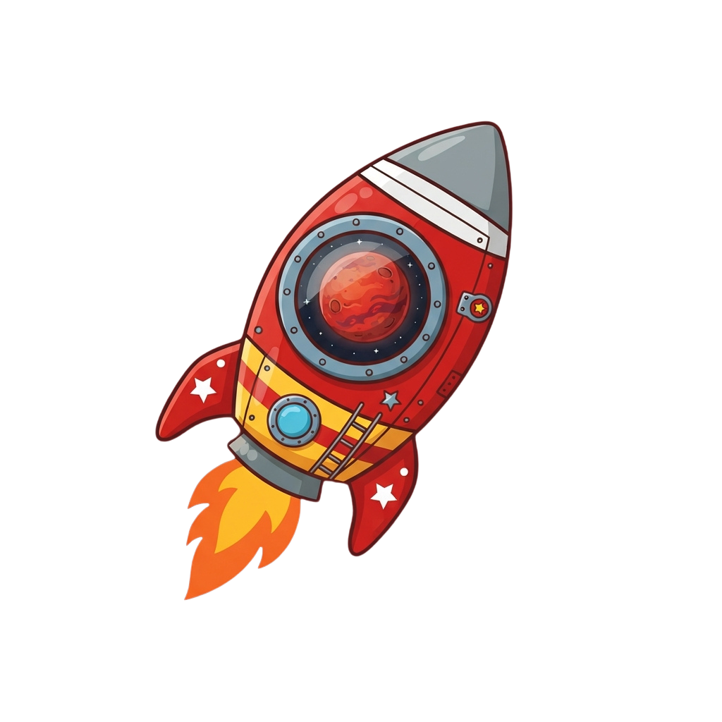 A vibrant cartoon rocket ship with a planet visible through its window and a fiery orange flame at the bottom