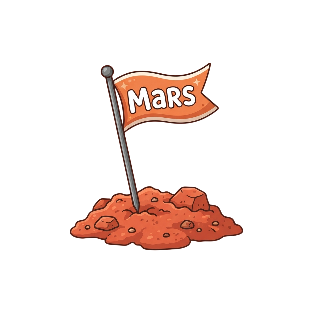 Flag with Mars written on it planted in rocky red soil resembling the Martian surface