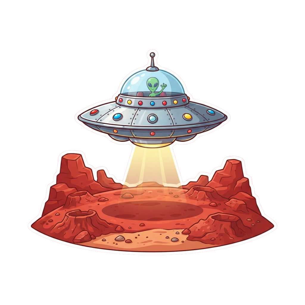 A cartoon UFO with an alien inside hovering above a rocky, red Martian landscape with crater and hills