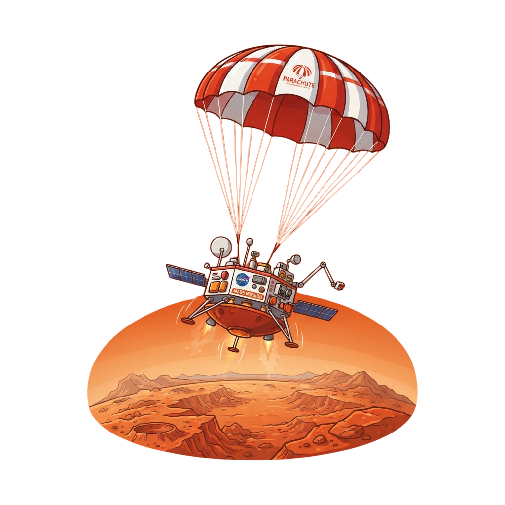 Illustration of a space lander descending to Mars surface using a parachute