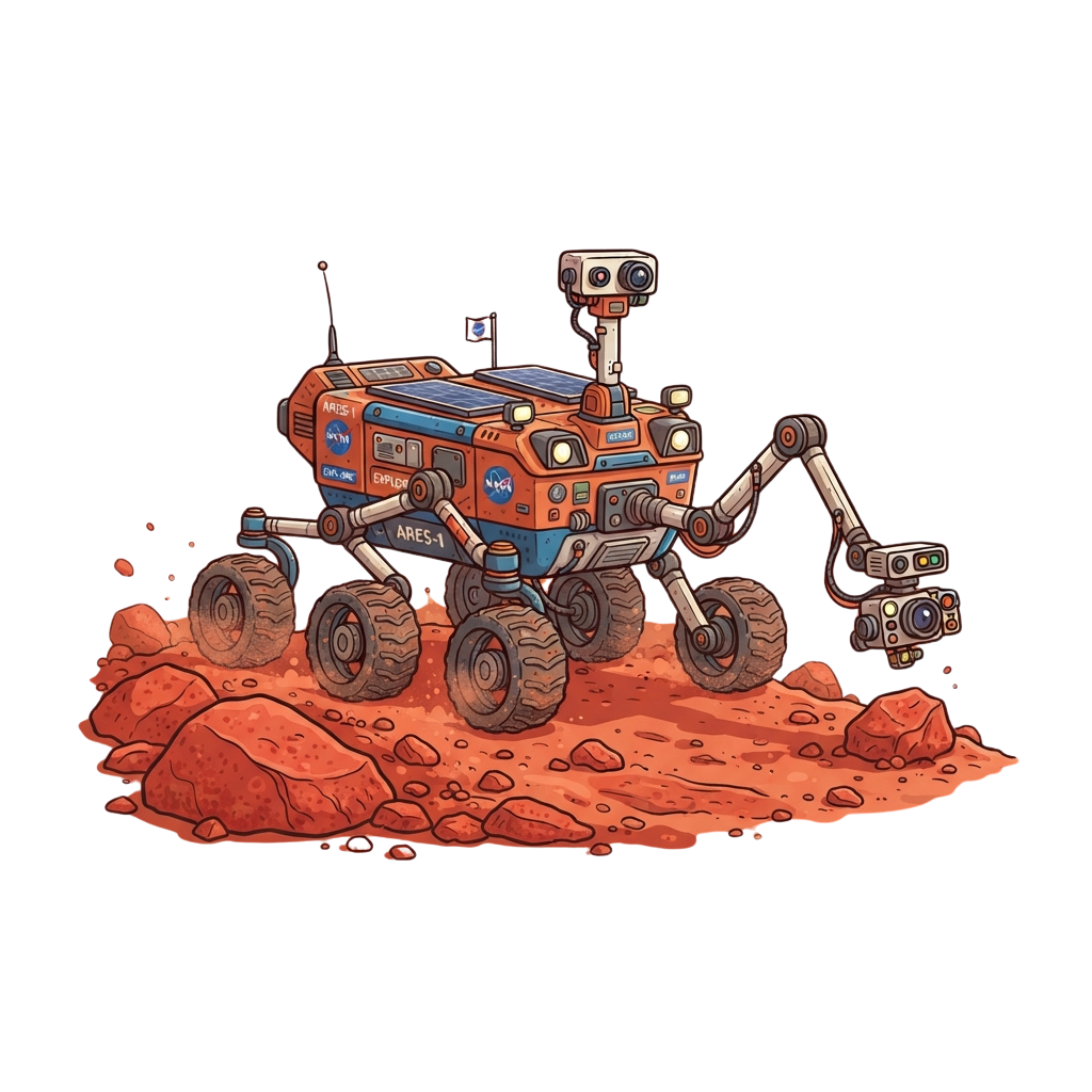Illustration of a six-wheeled robotic rover exploring a rocky, reddish planetary surface