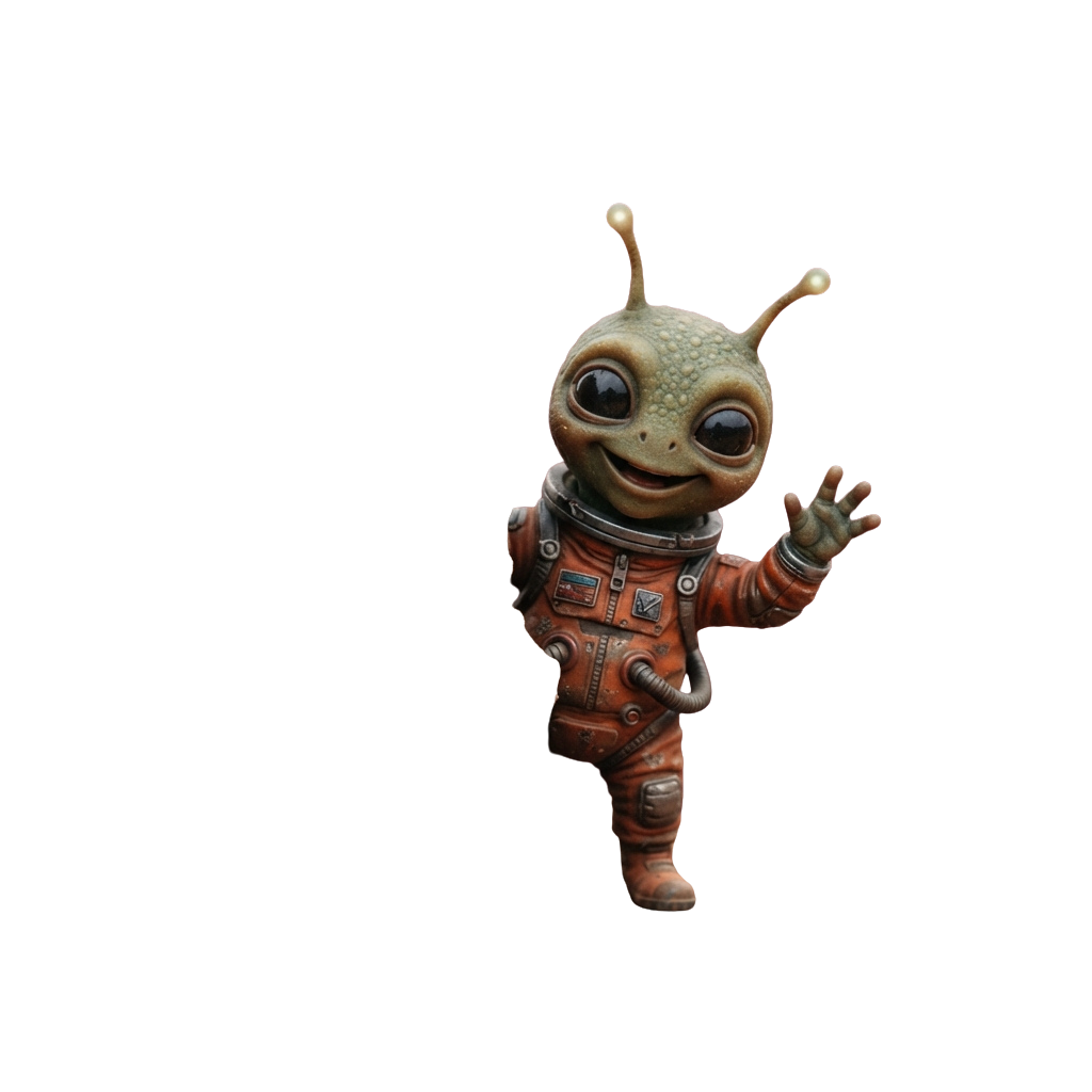 Alien-like character in an orange astronaut suit waving with one hand