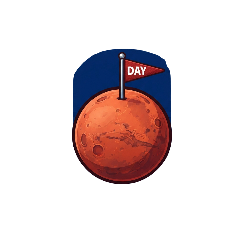 Illustration of Mars with a flag labeled DAY inserted into the surface