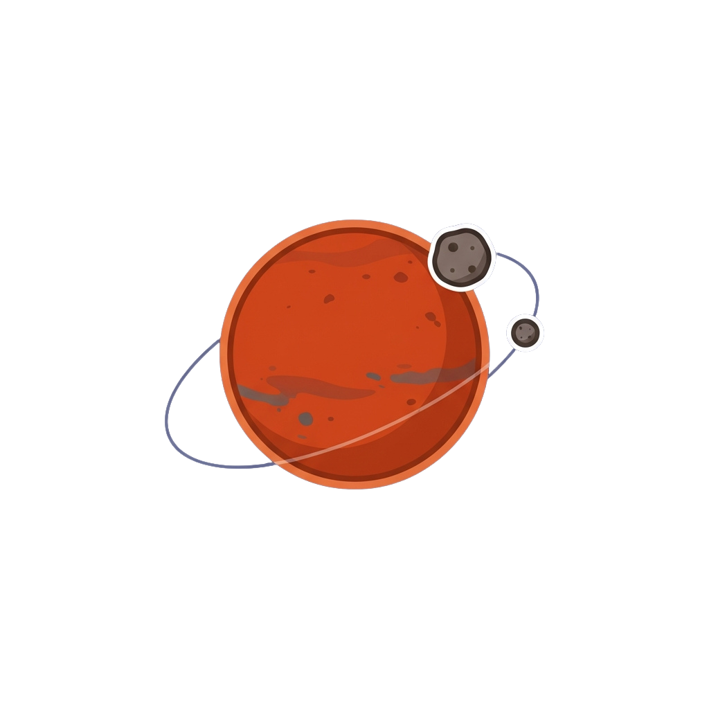 Illustration of Mars with its two small moons, Phobos and Deimos, orbiting the planet.